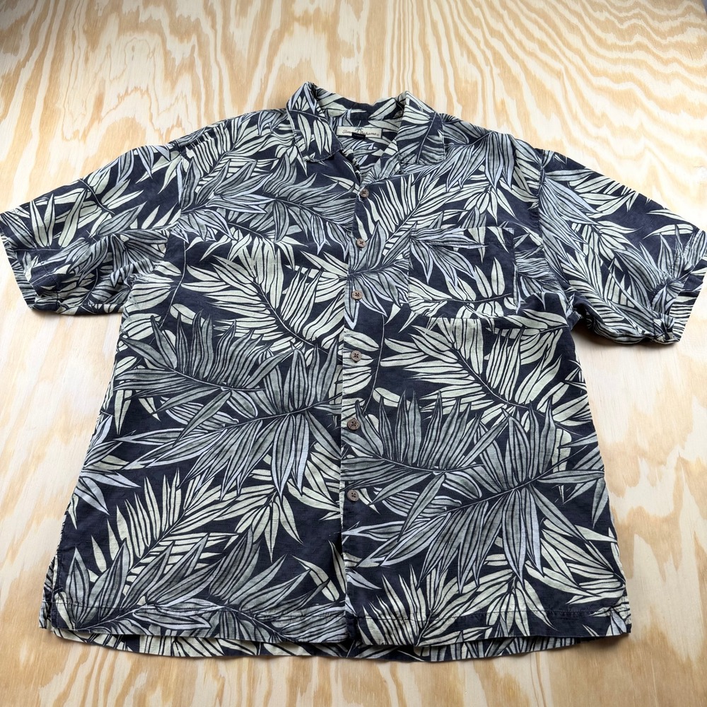 Tommy Bahama Mens Large Silk Tropical Palm Leaf Camp Shirt Navy Blue SS